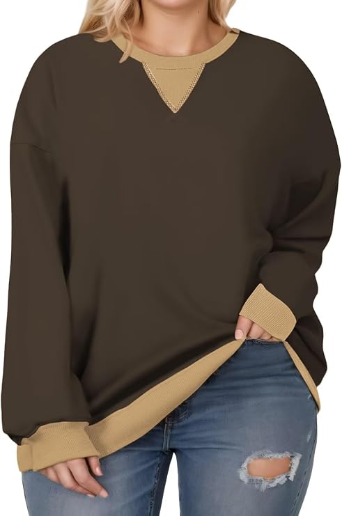 VOGRACE Womens-Plus-Size-Sweatshirts Casual Oversized Pullover Tops Crewneck Long Sleeve Color Block Tunic Outfits