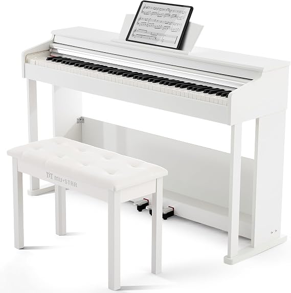 MUSTAR 88 Key Piano Keyboard Fully Weighted with Piano Bench, Digital Piano 88 Weighted Keys Hammer Action, Electric Piano Keyboard 88 Keys with Stool, 3 Pedals, USB/MIDI, Furniture Stand (White)