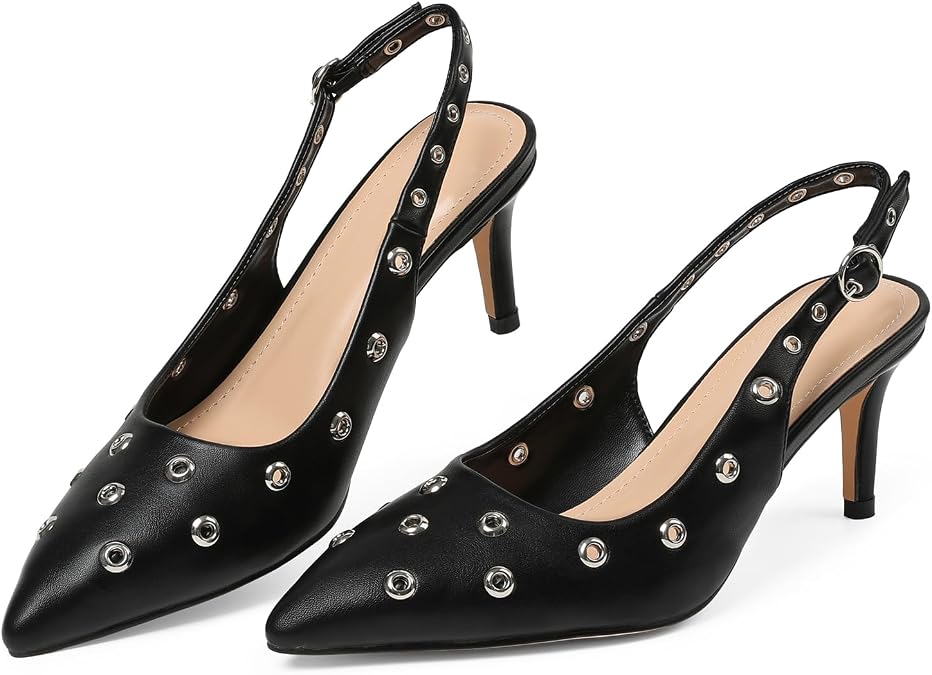 Eteridrey Kitten Heels for Women Black Slingback Heels Pointed Closed Toe Pumps 2.95 inch Hollow Buckle Dressy Shoes for Wedding Prom Party