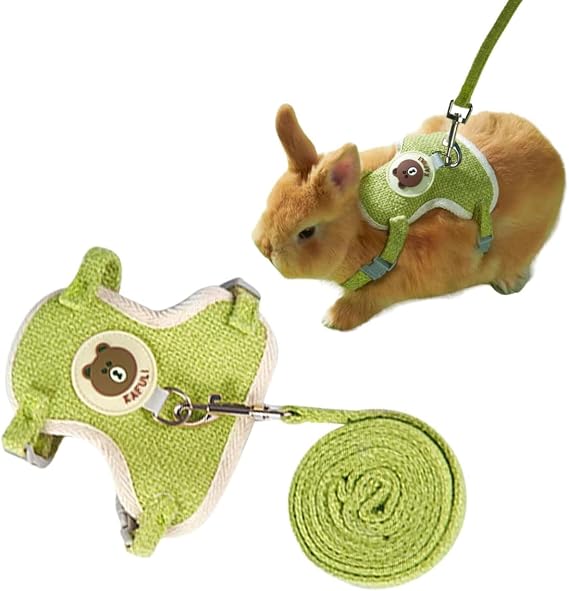 Rabbit Clothes Cute Vest Harness Leash Set Adjustable Outdoor Walking Control Rope for Small Pets Bunny Guinea Pig Ferret Kitten (S,Green)
