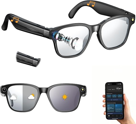 AI Smart Glasses with Camera, 8MP HD Camera, 1200P Anti-Shake Video Recording, Bluetooth 5.4, Real-Time AI Translation & Object Finder, Blue Light Glasses, Hands-Free Calling Music Glasses