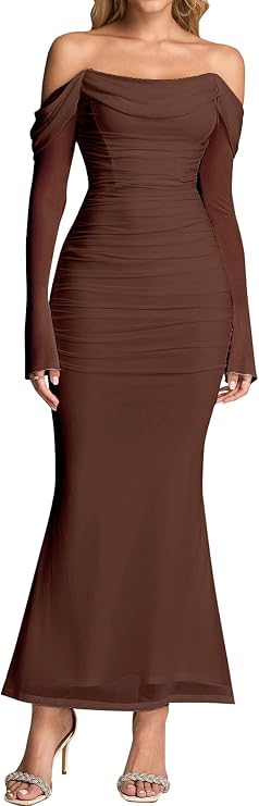 KUTUMAI Women Off Shoulder Long Sleeve Corset Formal Wedding Guest Dress