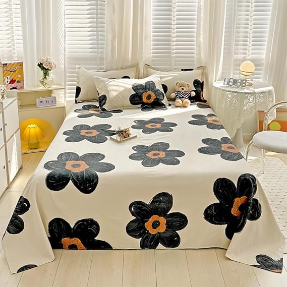 CLOTHKNOW 4Pieces Black Sunflower Full Size Sheet Set Floral Bedding Sheet Sets Boho Fitted Sheet Black Beige Flat Sheet Botanical Sheet Sets Full with 2 x Pillow Cases