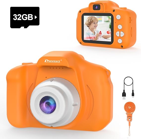 PROGRACE Kids Camera Gifts with 32G SD Card for Boy Girl 3-12, 1080P HD Mini Digital Camera Vlogging Video Camera Toys for Toddler 3 4 5 6 7 8 9 10 11, Portable Camera for Birthday Christmas, Orange