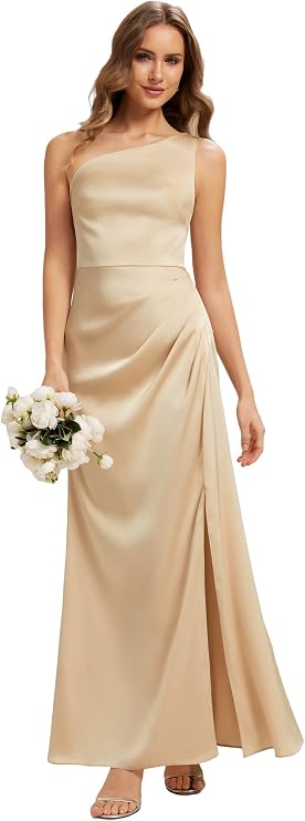Ever-Pretty Women's One-Shoulder Satin Bridesmaid Dress withHigh Slit Maxi Gown for Wedding Guest 02712