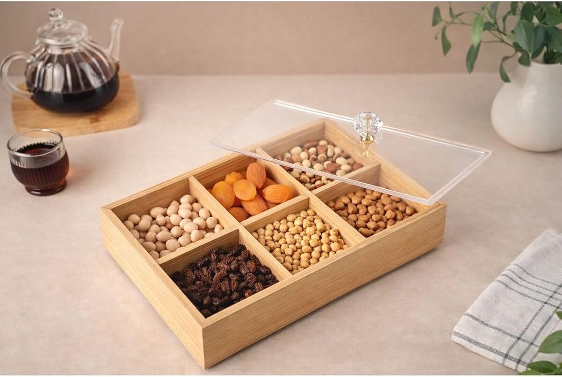 Bambu 6 Bölmeli Şık Kapaklı Çerezlik/Poşet Çay Saklama Kutusu Organizer Kahverengi
