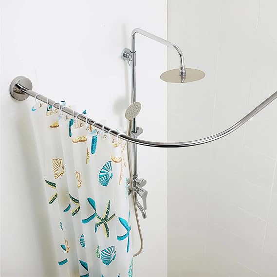 Extendable Shower Curtain Rod Curved, Adjustable Corner Bath Curtain Rail Bar L Shaped, Stainless Steel No Drilling/Drilling, for Bathroom Tub Fitting Room Pole,60-80cm*100-120cm