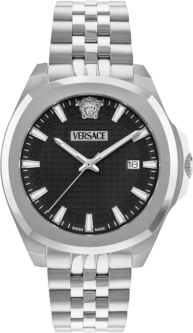 Versace Luxury Collection Luxury Mens Watch Timepieces with a Silver Bracelet Featuring a Stainless Steel Case and a Black Dial
