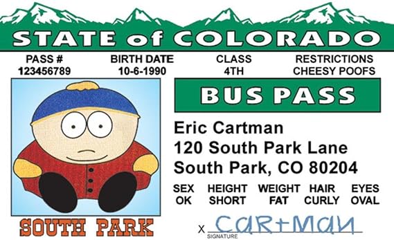 Signs 4 Fun Parody Drivers License | Cartman Pass ID | Fake ID Novelty Card | Collectible Trading Card Drivers License | Novelty Gift for Holidays | Made in the USA
