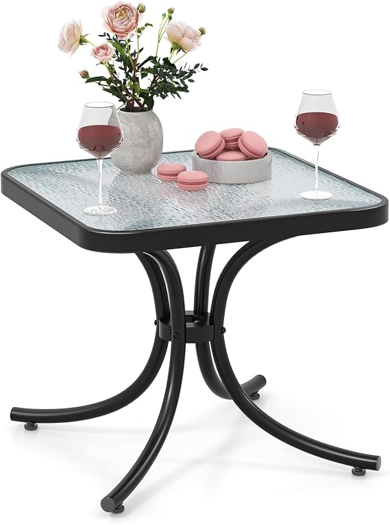 Tangkula Outdoor Side Table, 20 Inches Square End Table with Tempered Glass Top, Metal Frame, Small Patio Table for Garden, Backyard, Balcony, Poolside, Porch (1)