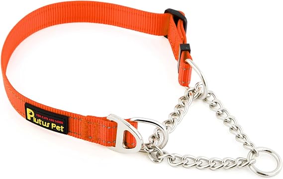 Plutus Pet Martingale Dog Collar with Stainless Steel Chain, Orange, M