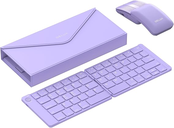 DELUX PockCombo Portable Keyboard and Mouse Wireless with Protective Case, Bluetooth Foldable Keyboard, 2-in-1 Sliding Mini Mouse with Pointer (Purple)