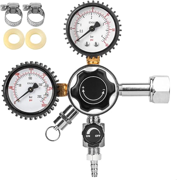 TMCRAFT Keg CO2 Regulator, Dual Gauge CGA-320 Pressure Regulator with 0-60 PSI Working Pressure & 0-3000 PSI Tank Pressure, Kegerator Regulator with Safety Pressure Relief Valve
