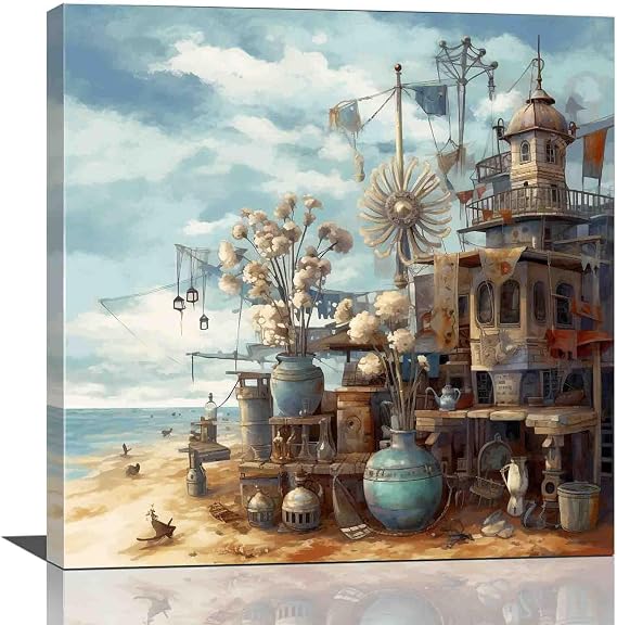 AErosx Bathroom Decor Wall Art Blue Beach Picture Ocean Theme Flower Canvas Print Modern Coastal Seascape Painting Framed Seaside Artwork -watercolor framed wall art,8x8 inch-Ready to hang, white-5