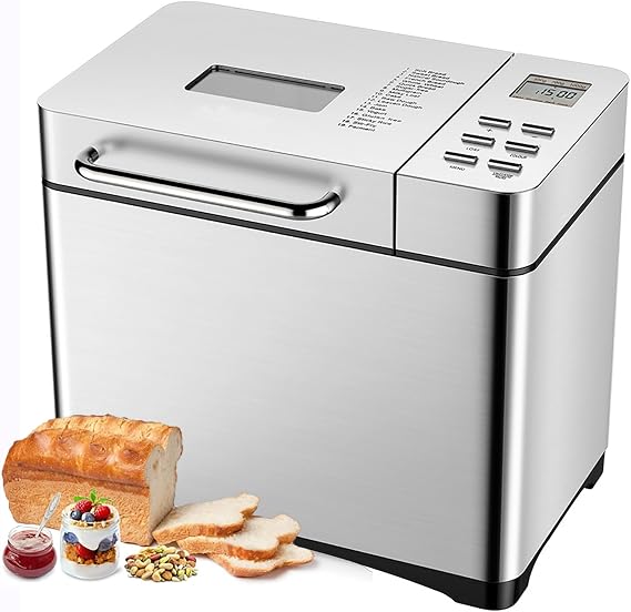 Bread Machine Professional Large Automatic Bread Maker with Nonstick Ceramic Pan, LCD Touch Panel, 17 Smart Programs, 15 Hours Timer and 3 Loaf Sizes for Breakfast, Picni