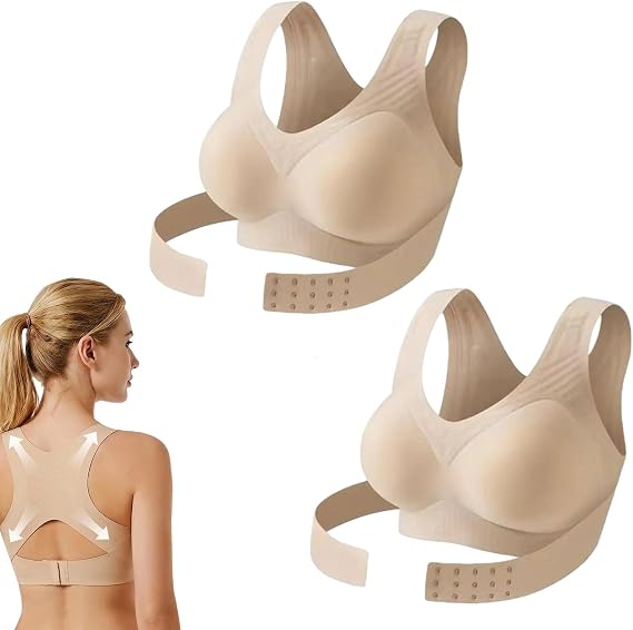 2Pack Posture Corrector Bra for Women, Front Closure Cross-Back Wireless Posture Bra, Full Coverage Back Support Brasieres
