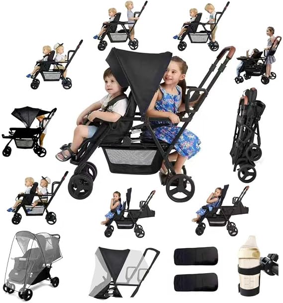 Rexhan Twin Baby Pram, 2 in 1 Foldable Double Baby Buggy, Reclining Tandem Pushchair, Twin All in One Stroller, Newborns, Toddlers, 0-4 Years, Aluminium Frame, Lightweight