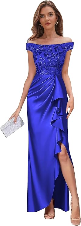 Sequin Mother of The Bride Dresses for Wedding Guest - Satin Off The Shoulder Ruffle Pleated Long Formal Prom Dress Slit
