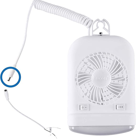 Facon 12V DC Fan Light Combo for Pop Up RV Camper, Independent Switch, 2-Speed, Extendable Cord with Male Plug, 12Volts Fan Lighting with Holding Bracket
