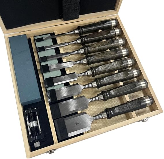 PakabiDIY Woodworking Chisel Tools Professional Set Includes Double-Sided Whetstone, Sturdy Flat Chisel and Super Sharp Professional Woodworking Tool Set. Perfect for beginners and experts from wood carving and drilling. Includes whetstone / sharpener 8 black walnut handles