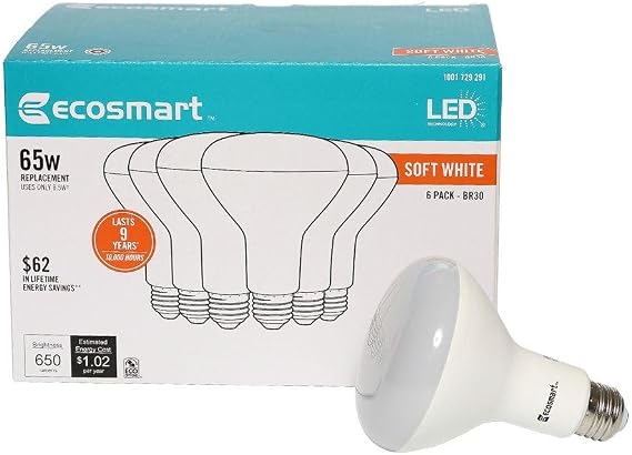 Ecosmart LED Technology Soft White 65W 8.5W Replacement Dimmable Light Bulb 6 Pack BR30 1001 729 291