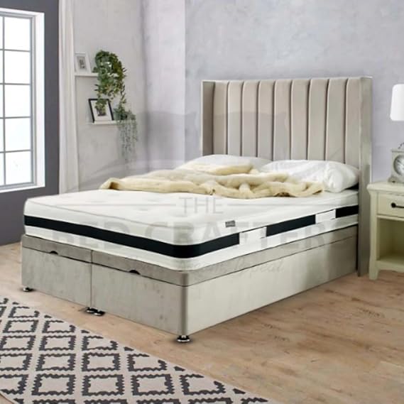 Luxury 48" Wingback Divan Bed Set – Double Bed Plush Velvet Panel Headboard with Memory Foam Mattress, Storage Base – Single/4ft6"/King Size (Cream (with Mattress), Fabric Swatch)