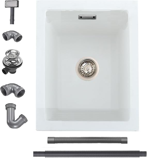 Quartz Kitchen Sink 30x40cm/12x16 in, Composite Inset/Undermount Kitchen Small White Sink Waste Kit,Single Bowl Commercial with Overflow, Suitable for Workstation