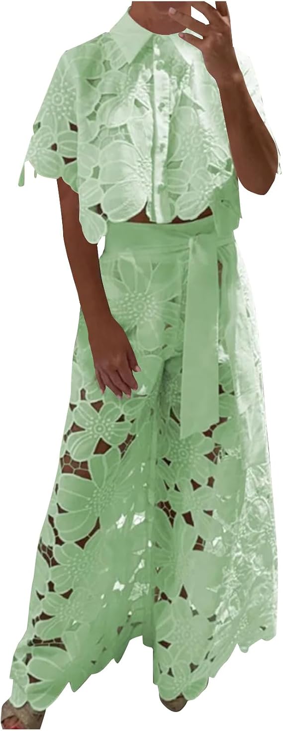 Women's Eyelet Lace Two Piece Outfits Floral Embroidery Shirts Short Sleeve Blouse Tops Wide Leg Pants Matching Sets