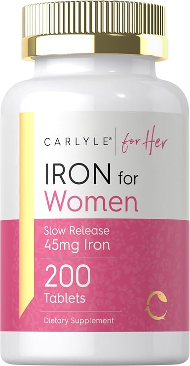Carlyle Iron Supplement for Women | 200 Slow Release Tablets | Vegetarian, Non-GMO, Gluten Free Pills | for Her