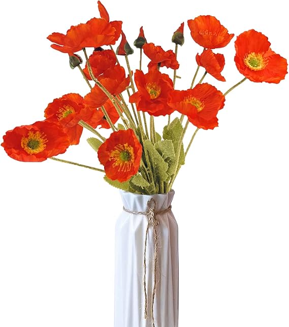 Artificial Poppies - 5Pcs Long Stem Flowers for Vase Decoration, Home Wedding Decor (Orange)
