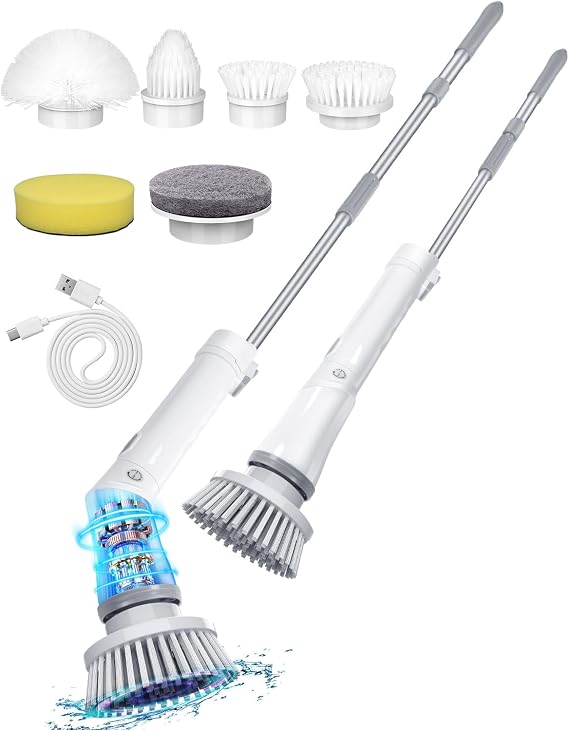 Electric Spin Scrubber Cordless,Power Scrubber Shower Cleaning Brush 400rpm,Bathroom Scrubber with 6 Replaceable Drill Brush Head, Adjustable Long Handle IPX6 for Clean Tile Tub Grout Toilet Car