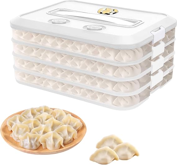 Qivine 4-Layer Food Storage Container, Dumpling Storage Box Dumpling Keeper Stackable Snack Container with Lid for Fridge Cookie Container Airtight Cookie Storage Carrier with Time Recoder (White)
