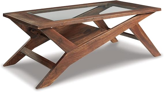 Signature Design by Ashley Charzine Contemporary Rectangular Coffee Table with Clear Tempered Glass Top, Brown