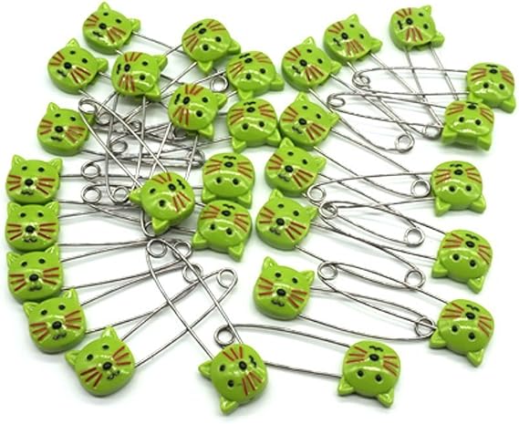 Cute Animal Cat Baby Safety Pins Secure Clips for Fastening Baby Clothes Diaper Napkins Stainless Steel Size L 5.3CM 30PCS Green
