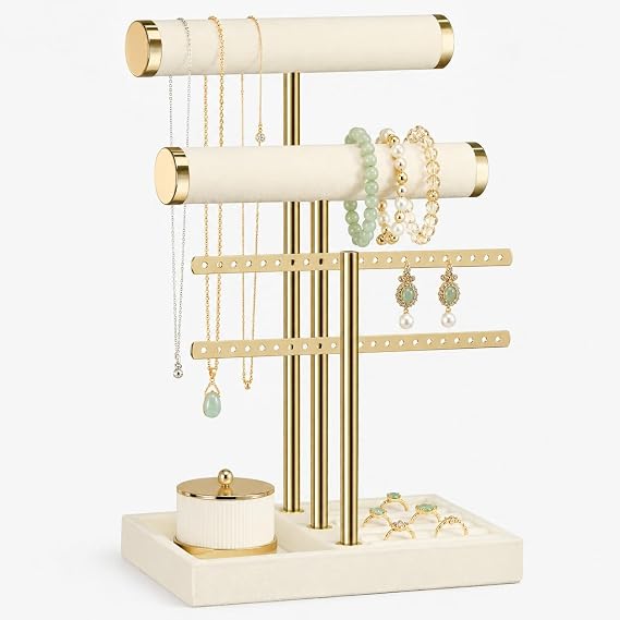 Josmimic 3 Tier Bracelet Holder Display - Detachable T Bar Beige Velvet Bracelet Holder, Jewelry Holder Organizer for Bracelet, Necklace, Watches, Rings
