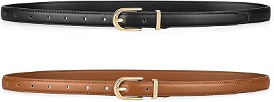 maikun 2 Pack Skinny Belt Women, Leather Waist Belt with Gold Alloy Buckle for Jeans Pants Dress