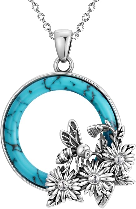 Genuine Turquoise Necklace for Women 925 Sterling Silver Circle Real Turquoise Pendant Vintage Native American Western Jewelry for Wife Mom