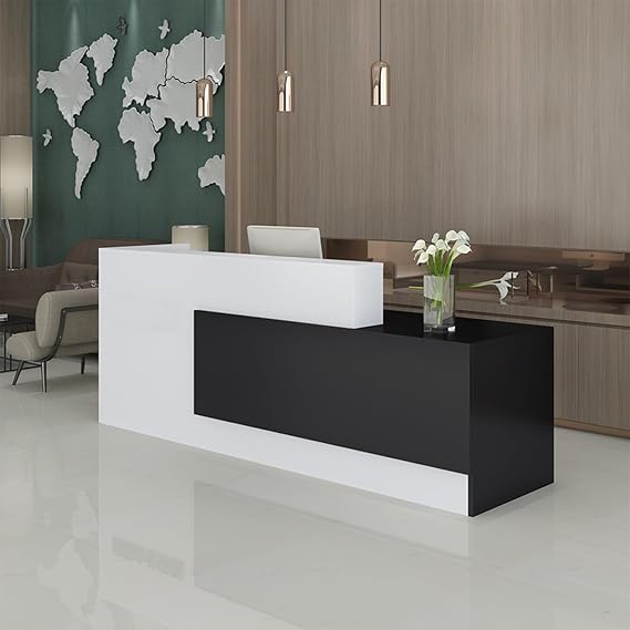 L-Shaped Reception Desk with Counter, Lockable Drawers & Storage, Modern Front Desk Reception Counter 47118 Inch, Office Salon Checkout Receptionist Desk Black + White Left 86.6 x 23.6 x 39.4 in