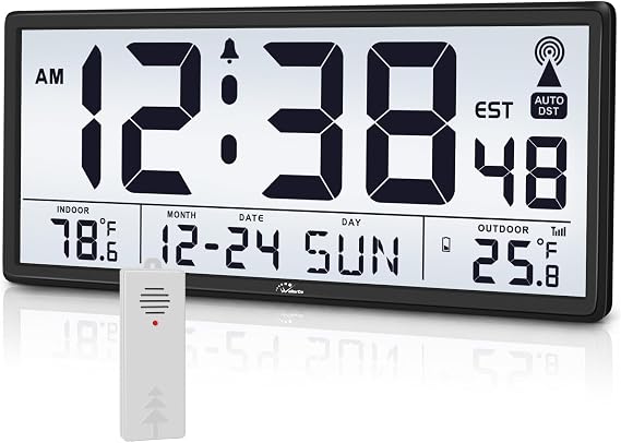 WallarGe Backlight Atomic Wall Clock Battery Operated, Indoor/Outdoor Temp