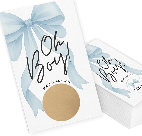 Baby Shower Scratch Off Game - Blue Bow Theme for Boy, 30 Cards & Stickers