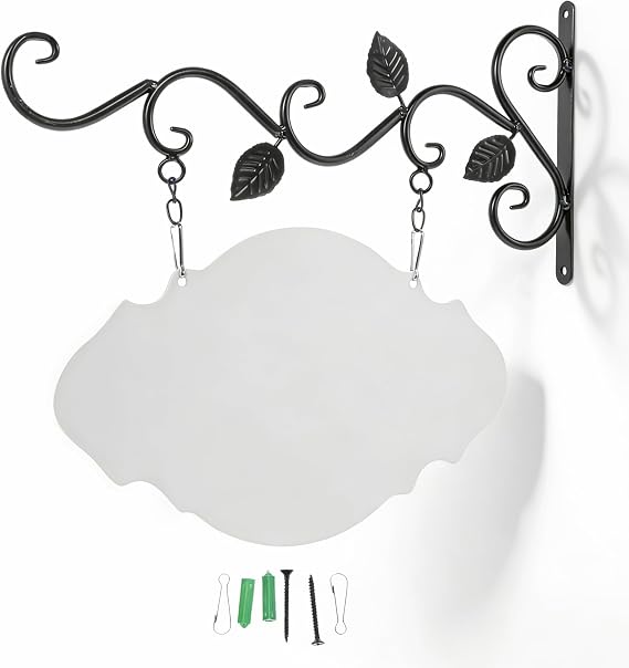 NUOBESTY Hanging Sign Bracket with DIY Double-Sided Blank Board | Wrought Iron Wall Hanger Outdoor Wreath Hanger Flower Pot Brackets for Outdoor Business, Classroom Door, Home Farmhouse Decor