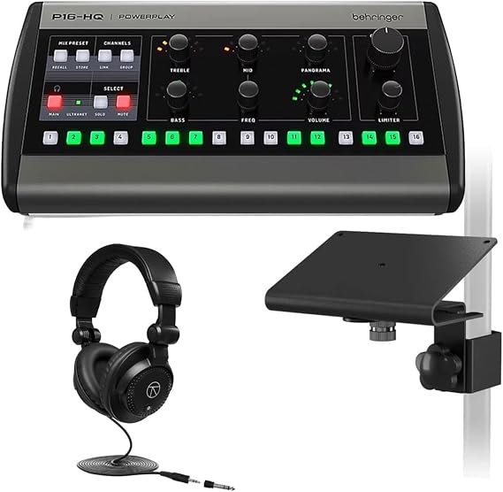 Behringer P16-HQ POWERPLAY 16-Channel Personal Monitoring Mixer - Bundle with Behringer PowerPlay 16 Mounting Bracket, Turnstile Audio Studio Monitor Headphones