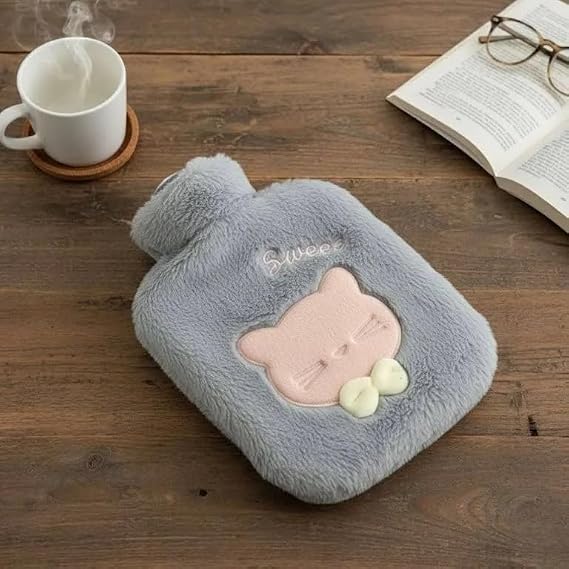 Peluş Kılıflı Sıcak Su Torbası, Sevimli Kedi Figürlü, Gri, Yumuşak Dokunuşlu