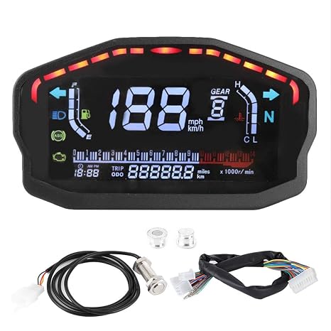 Motorcycle Tachometer, LED LCD Digital Speedometer Meter Odometer Gauge Motorcycle Tachometer Instrument Refitting for
