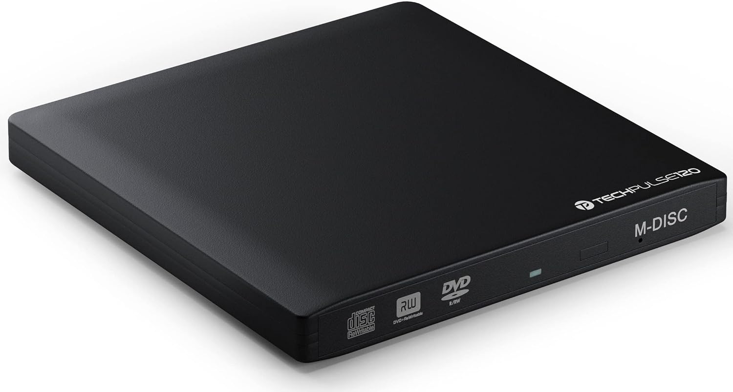 techPulse120 Portable USB 3.0 DVD and CD Burner M-Disc Drive Ultra Slim Aluminum Black Superdrive Portable External for Computer PC Notebook Ultrabook Netbook Windows MacOS Apple iMAC MacBook Pro Air
