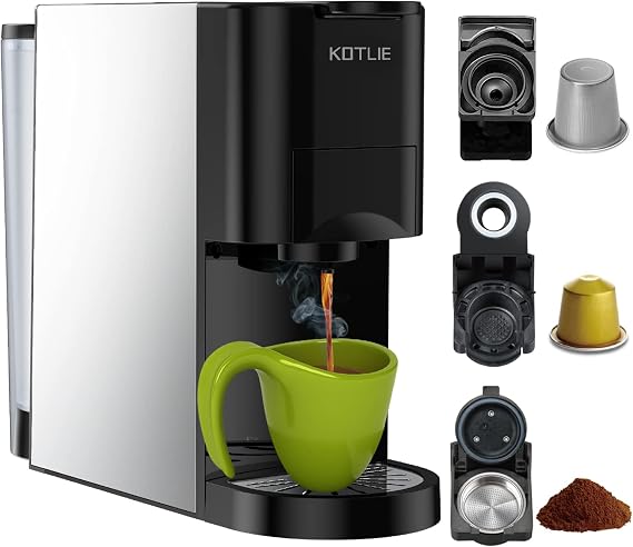 KOTLIE Capsule Coffee Maker, 3 in 1 Multi-Function Mini Espresso Machine, Coffee Brewer with Self-Cleaning Function, Compatible with K-Cup Pods and Nes Capsules