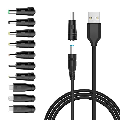 Powseed 5V DC Power Cord, USB to DC Plug Charging Cord with 10 Adapter Plugs to Charge LED Pixel Light, USB-HUB, Mini Fan, Camera, Cartoon Watch, Mobile Phone
