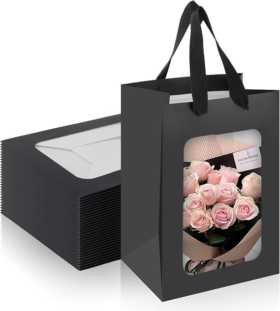 Bakbania 24 Pack Paper Gift Bags with Window,9.8 x 7.1 x 5.1 Inch Kraft Shopping Bags with Handle,Paper Bouquet Gift Bag for Birthday, Weddings, Festival Party(Black)