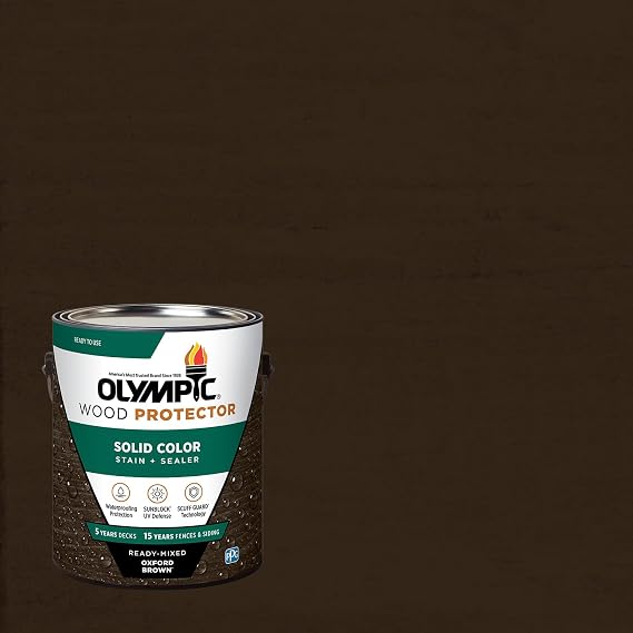 Olympic 1 Gal Oxford Brown Deck, Fence & Siding Wood Stain & Sealer | Opaque Waterproofing Stain, SunBlock UV Protection, Solid Color