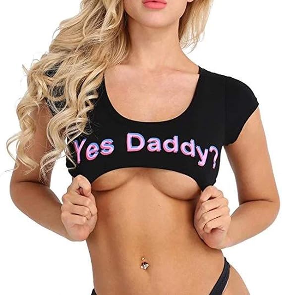 Women's Short Sleeve Crop Tops Funny Cotton T-Shirts Cami Yes Daddy Bedroom Lingerie Babydoll Cosplay Costume